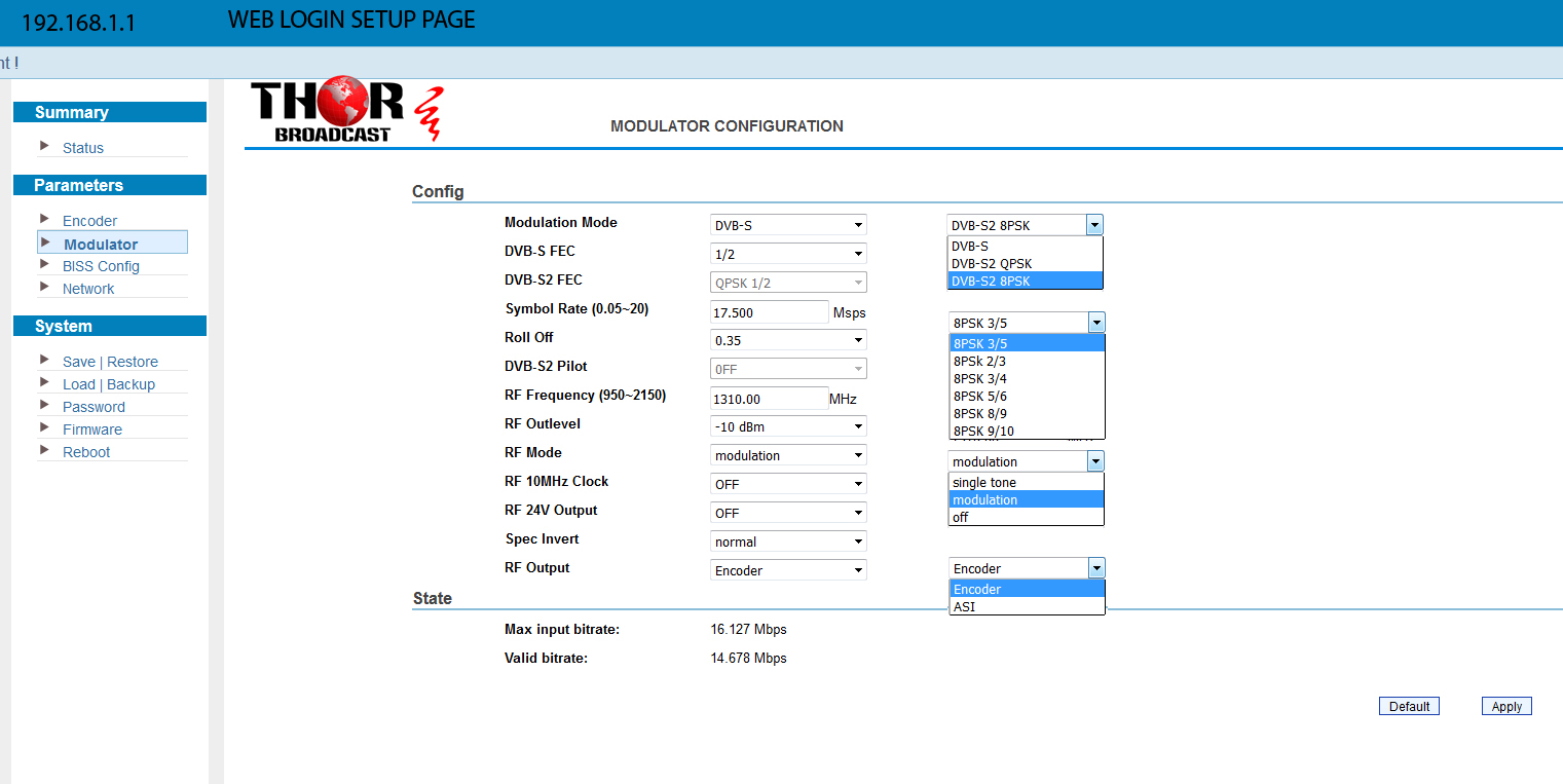PAGE DE CONFIGURATION DU MODULATEUR SATELLITAIRE