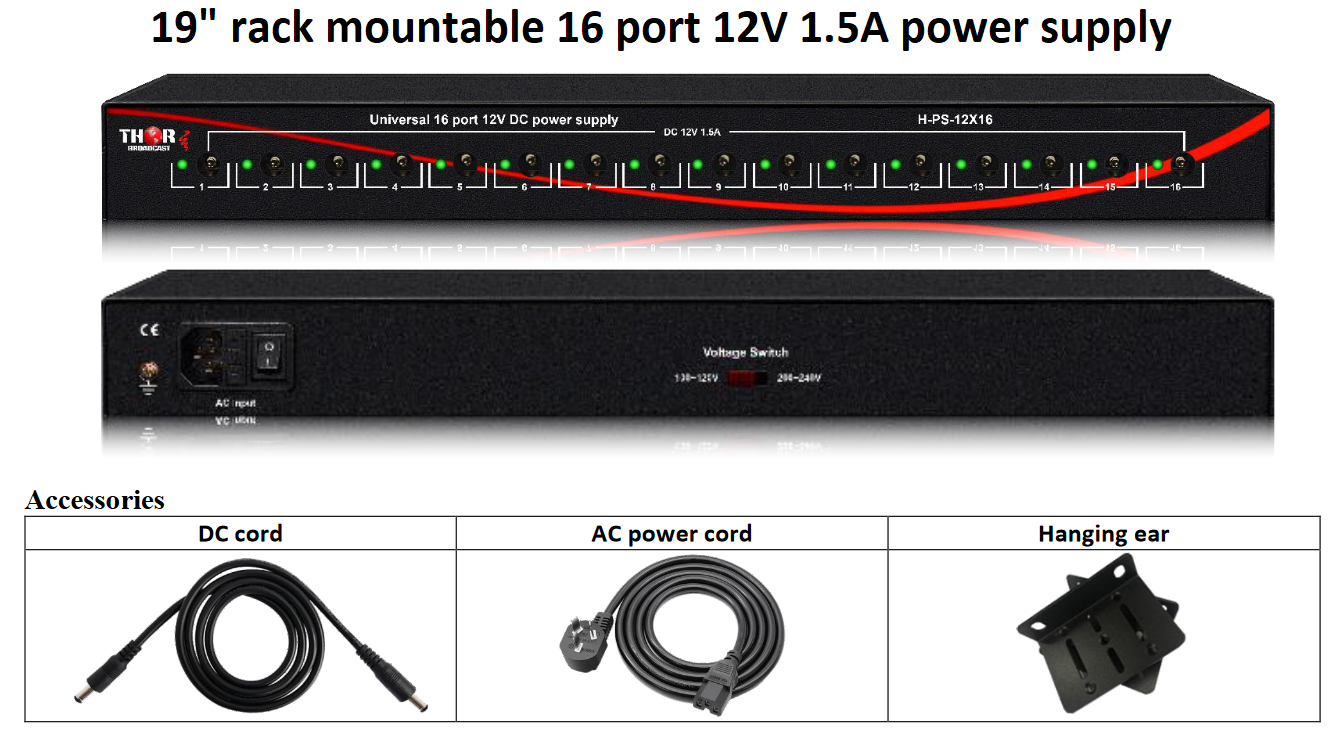 Rackmount 19 Power Supply 16 port 12V 1.5A DC